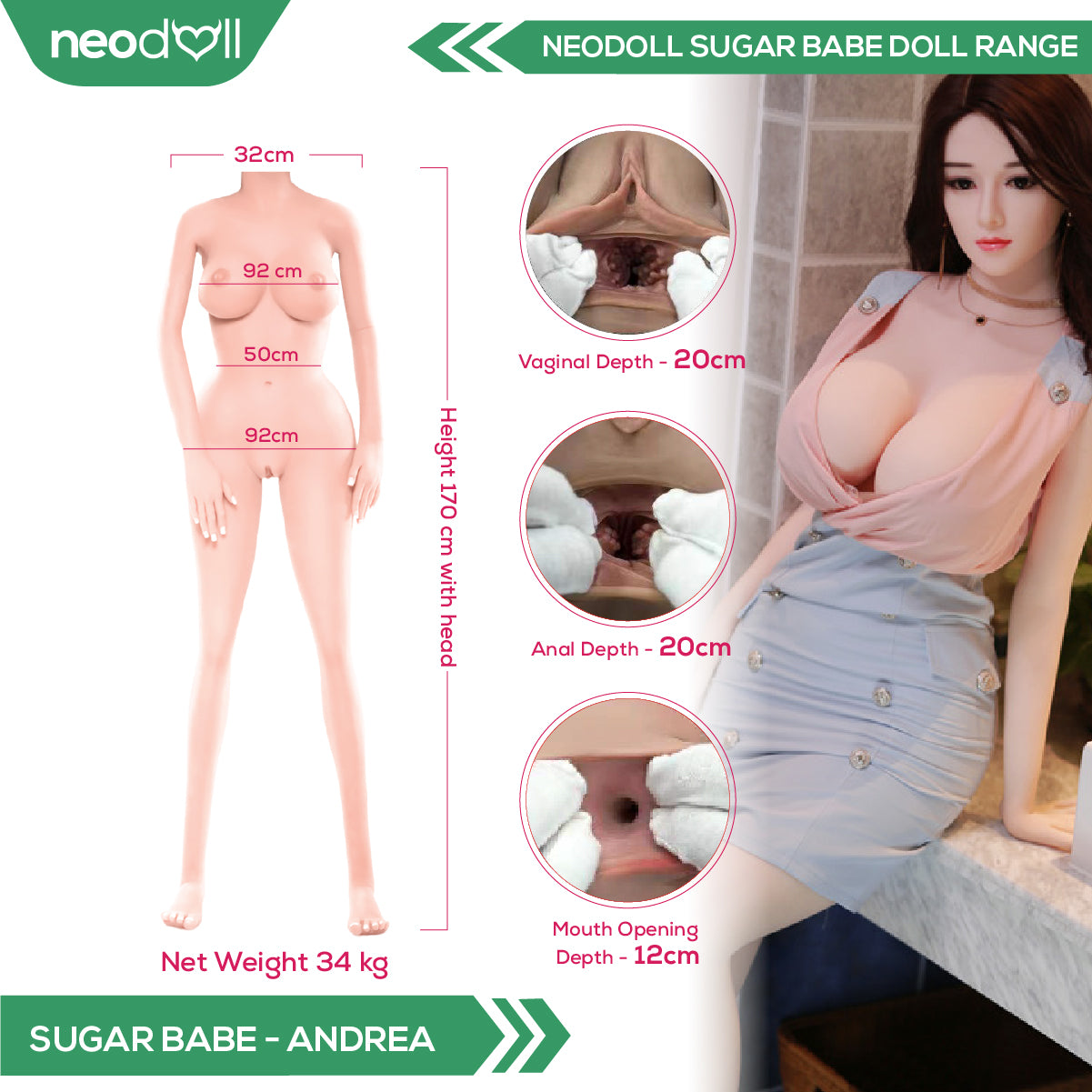 Neodoll Sugar Babe - Andrea - Realistic Sex Doll - Gel Breast - Uterus - 170cm - White